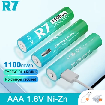 R7 1.6 V AAA 1100mWh סוללת Ni-Zn סוללות נטענות USB NIZN סוללה פנס + כבל
