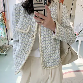 איכות גבוהה קוריאני אופנה וינטג ' קט טוויד מעיל נשים אביב סתיו מזדמן ברחוב מעיל קצר משובץ להאריך ימים יותר E136
