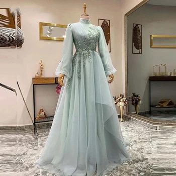 המוסלמים אלגנטי גבוה צוואר שמלות ערב נשים מדהים שרוול ארוך תחרת טול קו נסיכת שמלות לנשף רשמי מסיבת החתונה.