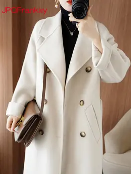 סתיו חורף 2023 חדש בסגנון קוריאני דו צדדי קשמיר מעיל נשים בינוני אורך 100% צמר מעיל נשים מעיל מעיל החורף