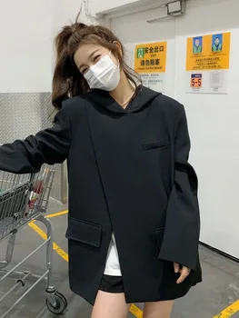 שחור אופנת רחוב רופף עם ברדס סוודר מעילים נשים לא סדיר פיצול Y2k אסתטי מעילים קוריאנית שיק כל התאמה גראנג ' קטים
