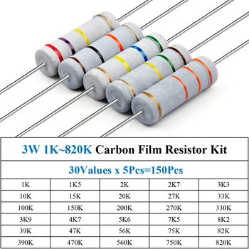 150Pcs 3W 1K~820K פחמן סרט נגד מגוון ערכת 30Values x 5Pcs=150Pcs ערכת מדגם צבע הטבעת התנגדות