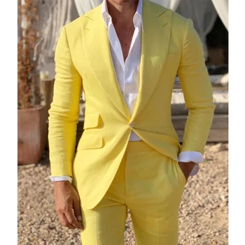 2023 הקיץ החדש זכר חליפה צהובה שיא דש כפתור אחד אופנה בלייזר החתונה החתן הנשף מזדמן טוקסידו Slim Fit 2 חתיכת שיק