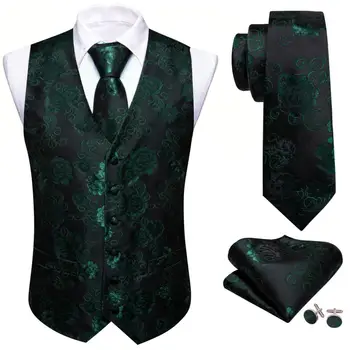 אלגנטי משי גברים וסט שחור ירוק פרח Slim Fit הז 'קט עניבה להגדיר ביקור רשמי בלי שרוולים ז' קט ברי וונג