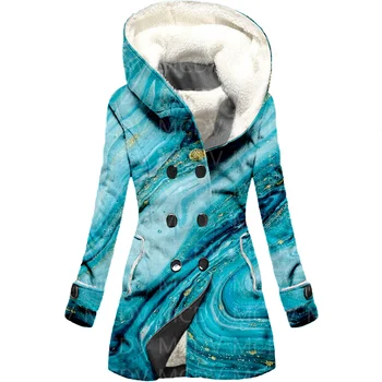 כחול טובעני 3D מודפס צמר עם ברדס הגלימה נשים עבה חם נשים מעיל החורף של מעיל חם
