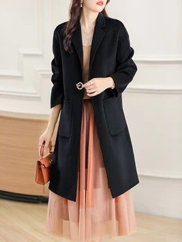 הסתיו-חורף החדשה של נשים צמר בד מעיל הנמכר ביותר ב-100% צמר טהור המעיל כפתור אחד טהור צבע חם שמירה על העליונה.
