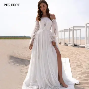 מושלם בוהמי שמלת סטרפלס שמלות חתונה להסרה נפוח שרוולי מחשוף גב טול שמלות כלה צד פיצול קו-קיץ 2023