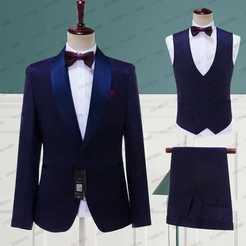 חיל הים כחול אקארד חליפות גברים Slim Fit 3 חתיכות מעיל אפוד מכנסיים להגדיר החתונה החתן חליפות עסקית רשמית זכר תחפושת Homme