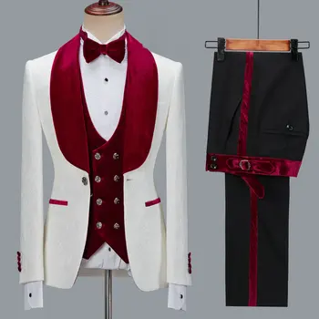 בולט הז 'קט של הגברים חליפת העסקים 3-piece סלים מתאים לחתונה מעייל פראק קטיפה דש חתן המסיבה חליפה (ז' קט+אפוד+מכנסיים)