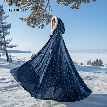 TIYIHAILEY משלוח חינם 2020 וינטג ' קטיפה גלימת חורף, סתיו הלבשה עליונה עם ברדס רופף ארוך מקסי כחול המכשפה קרדיגן כוכבים