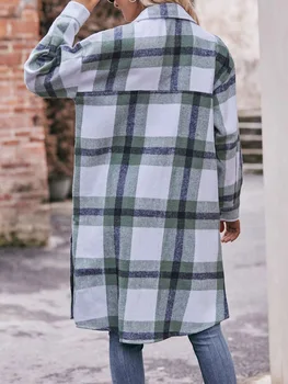 נשים בלבוש קליל דש כפתור למטה ארוך חולצת משבצות המעיל טארטן Shacket מעיל דש מעיל ענק.