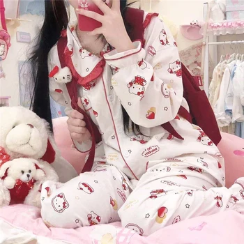 Sanrio Kawaii הלו קיטי פיג ' מה חמודה קריקטורה המשפחה שרוול ארוך, מכנסיים ארוכים מזדמנים לנשימה נוחה Homewear צעצועים בנות