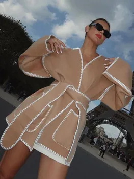 נשים אופנה אלגנטי תחרה מעיל סתיו חורף ארוך ורחב שרוול נקבה חמה להאריך ימים יותר 2023 בנות סלים רחוב ז ' קט עם כיס