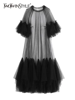 TWOTWINSTYLE משולבים רשת שמלות עבור נשים סביב צוואר קצר השרוול גבוה המותניים אלגנטי קפלי שמלה נשית אופנה בגדים חדשים.