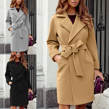 מעיל לנשים 2023 סתיו/חורף האופנה Slim Fit חגורת מעיל צמר נשים מוצק צבע דש מעיל צמר
