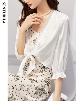 Sentubila אלגנטי הקיץ לבן עטוף מעילים לנשים 2023 אופנה תחרה צוואר V שלושת רבעי פנס שרוולים שיפון דק ' קטים