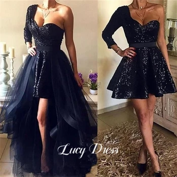 לוסי 2 ב 1 שחור נצנצים שמלות לנשף עם להסרה חצאית 2023 כתף אחת שרוול ארוך ערבית אפריקאית קצרה שמלות ערב