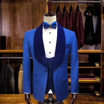 חדש Mens חתונה חליפות 3 חלקים מותאמים אישית שושבין החתן חליפת ערב טוקסידו Slim fit כחול רויאל קטיפה דש מעיל האפוד שאיפה להגדיר