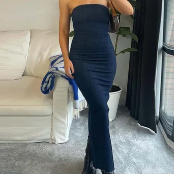 2023 חדש לנשים אלגנטי, שמלת ג 'ינס סטרפלס גב רוכסן שסף שמלות קיץ נקבה מחוץ הכתף ללא משענת ג' ינס ארוך שמלה