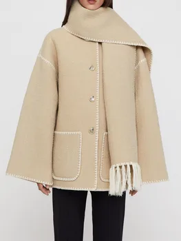 נשים שוליים צעיף צווארון המעיל דו צדדי צמר בודד עם חזה סתיו החורף 2022 חופשי רקמה לקצץ נשי מזדמן מעיל