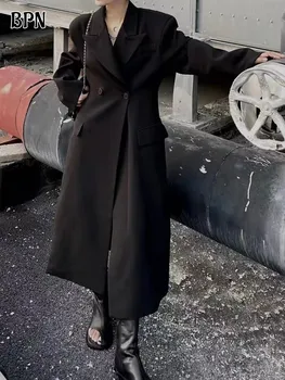 BPN מזדמנים שחור מעיל רוח לנשים מחורצים צווארון שרוול ארוך חולצת טלאים, כפתורים מינימליסטי תעלה נשית אופנה חדש