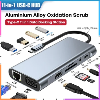 11 1 USB C רכזת נייד תחנת עגינה מסוג C הרציף HDMI משטרת 3.0 USB RJ45, VGA משטרת AUX TF/SD קורא כרטיסי מתאם Spli