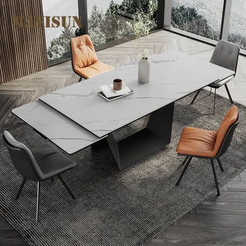 חדש נשלף השיש שולחן האוכל בבית מלבני קטן בדירה מודרני מינימליסטי העיצוב הנורדי, שולחן כיסא משולב