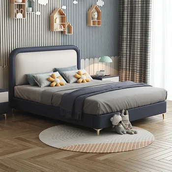 ילדים המיטה של ילד רך Pack מיטה פשוטה מודרני מעץ מלא מיטת יחיד אור יוקרה אחסון עור מיטה כחול לבן