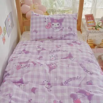 Kawaii Sanrio סדרת אנימה הקריקטורה Kuromi חמוד למיטה סדין שמיכה לכסות על הכרית במיטה סט שלושה חלקים לילדים, מתנת יום הולדת