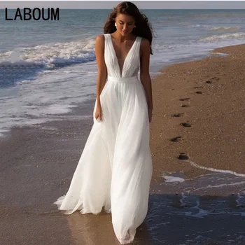 LaBoum עמוק V-צוואר שמלת החתונה 2023 קו vestido de casamento vestidos נוביה 2023 שרוולים החגורה ללא משענת שמלת החוף בוהו.